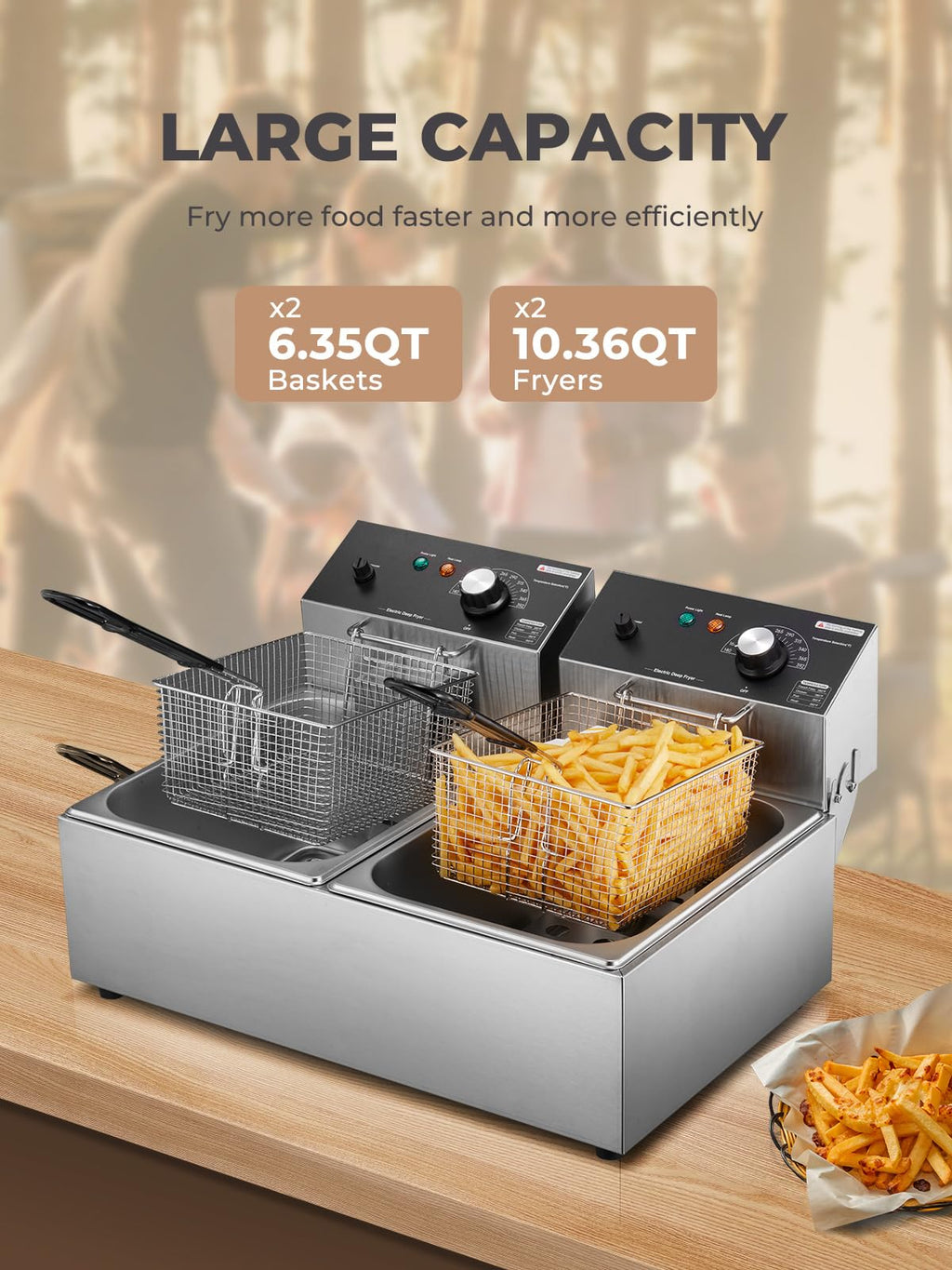 3400W 20.7QT Stainless Steel Electric Deep Fryer with 2 Removable Baskets C4543