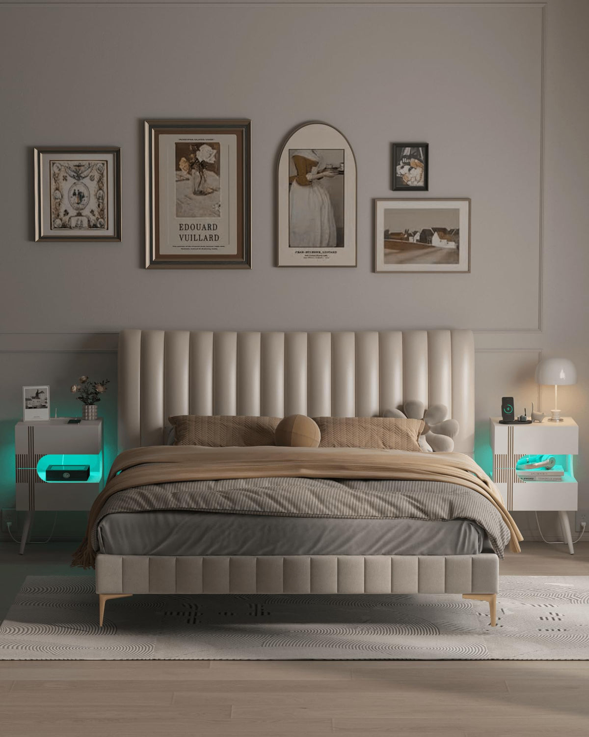 White Nightstand with Charging Station and LED Lights, 2 Storage Drawer P44099