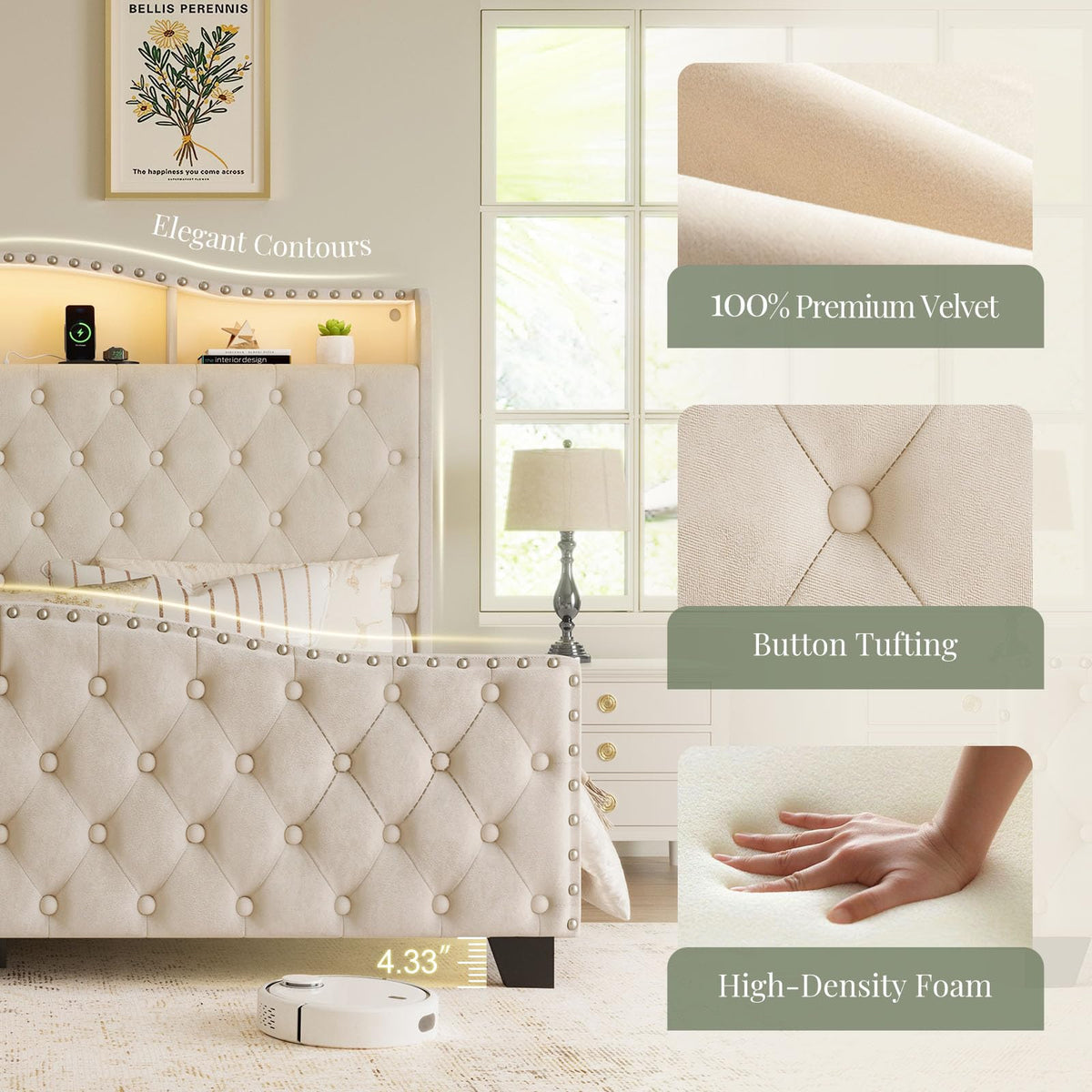 Queen Beige Platform Bed Frame with LED Headboard W63515