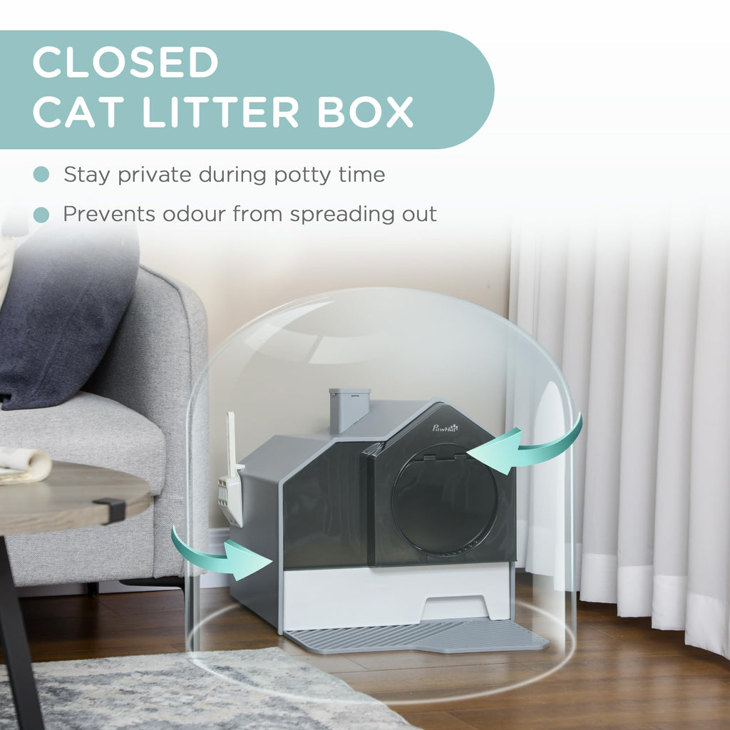 Hooded Cat Litter Box with Litter Mat, Pull-Out Drawer, Handle, Scoop, Gray G8959