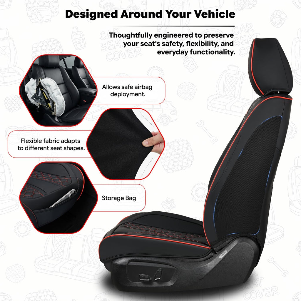 Black and Red Leather Car Seat Cover Set with Lumbar Support L1976