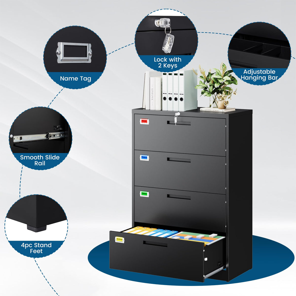 4 Drawer File Cabinet with Lock, Black N524