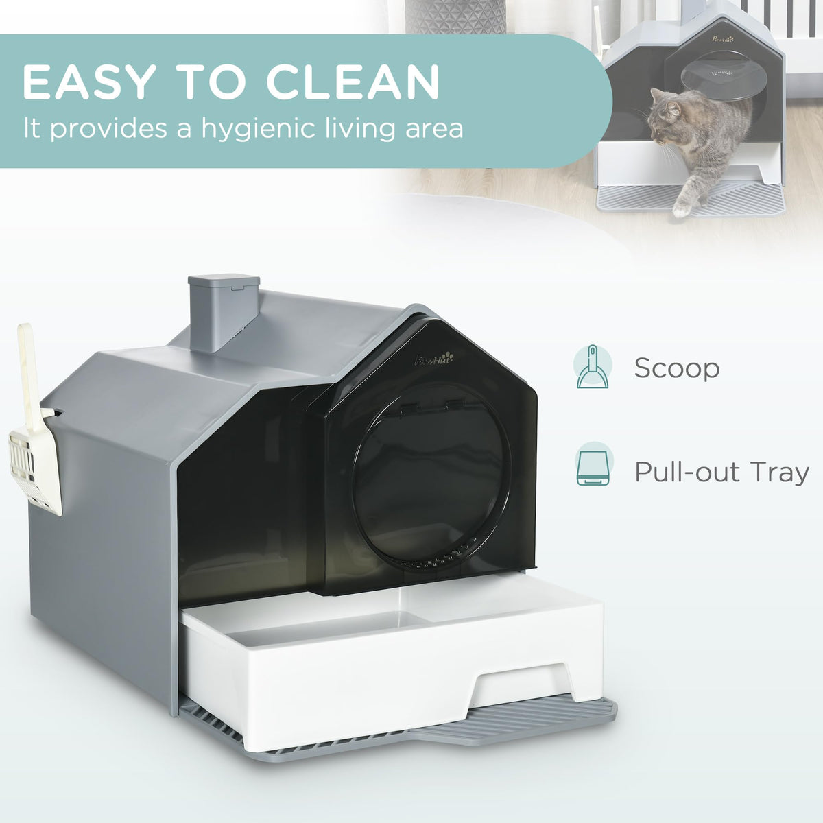 Hooded Cat Litter Box with Litter Mat, Pull-Out Drawer, Handle, Scoop, Gray G8959