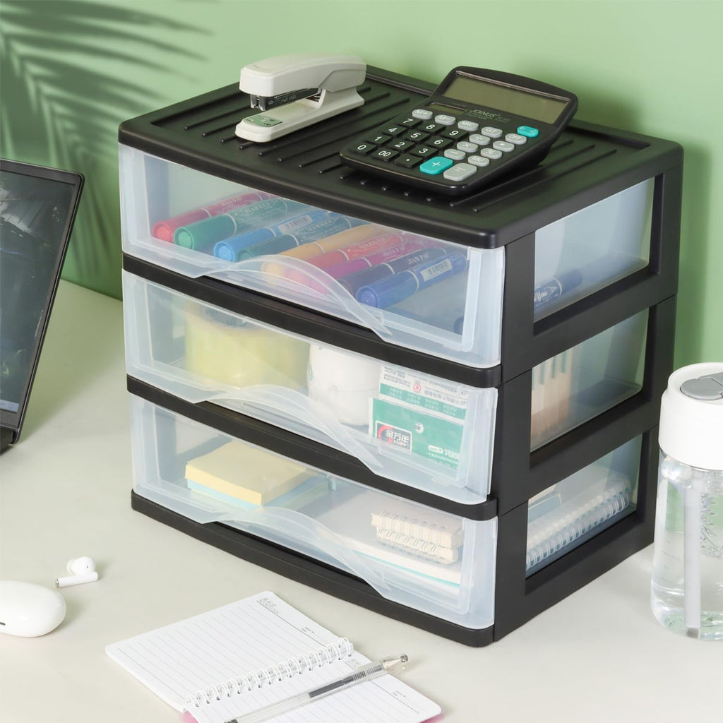 Medium 3 Drawer Black Plastic Stacking Storage Drawers F10738