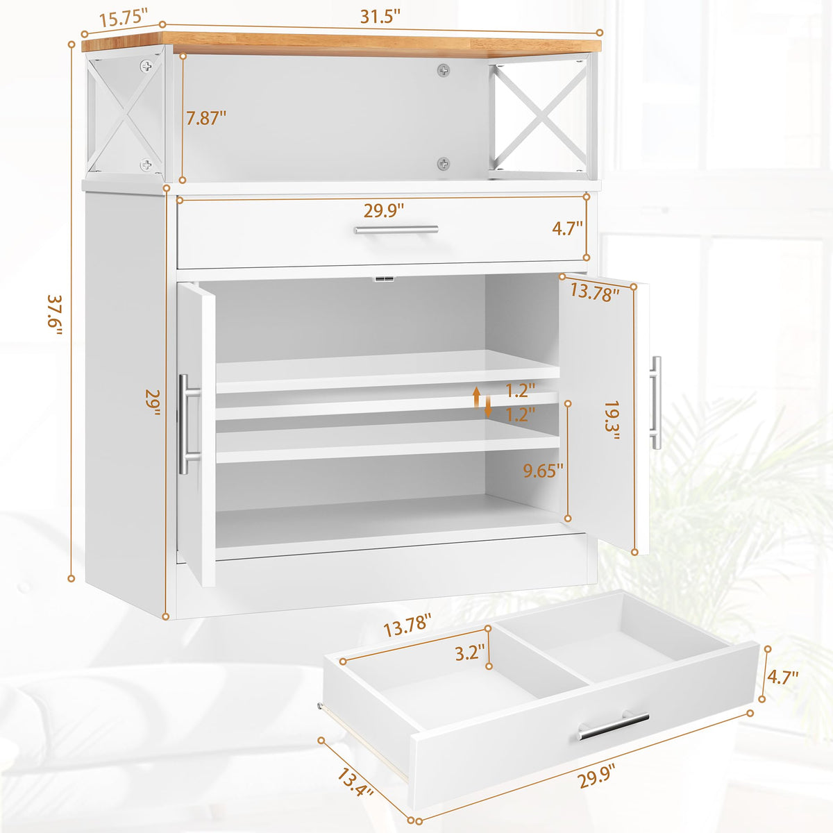 White Kitchen Buffet Cabinet with Adjustable Shelf Y50913