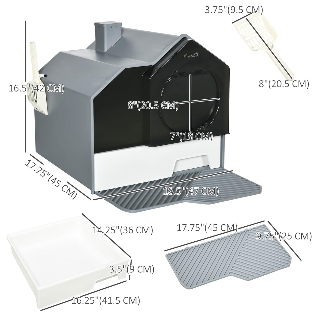 Hooded Cat Litter Box with Litter Mat, Pull-Out Drawer, Handle, Scoop, Gray G8959