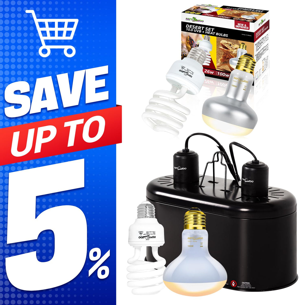 Dual Reptile Light Fixture & 100W Basking Spot Light with 26W UVA UVB Bulb Combo Pack I58502