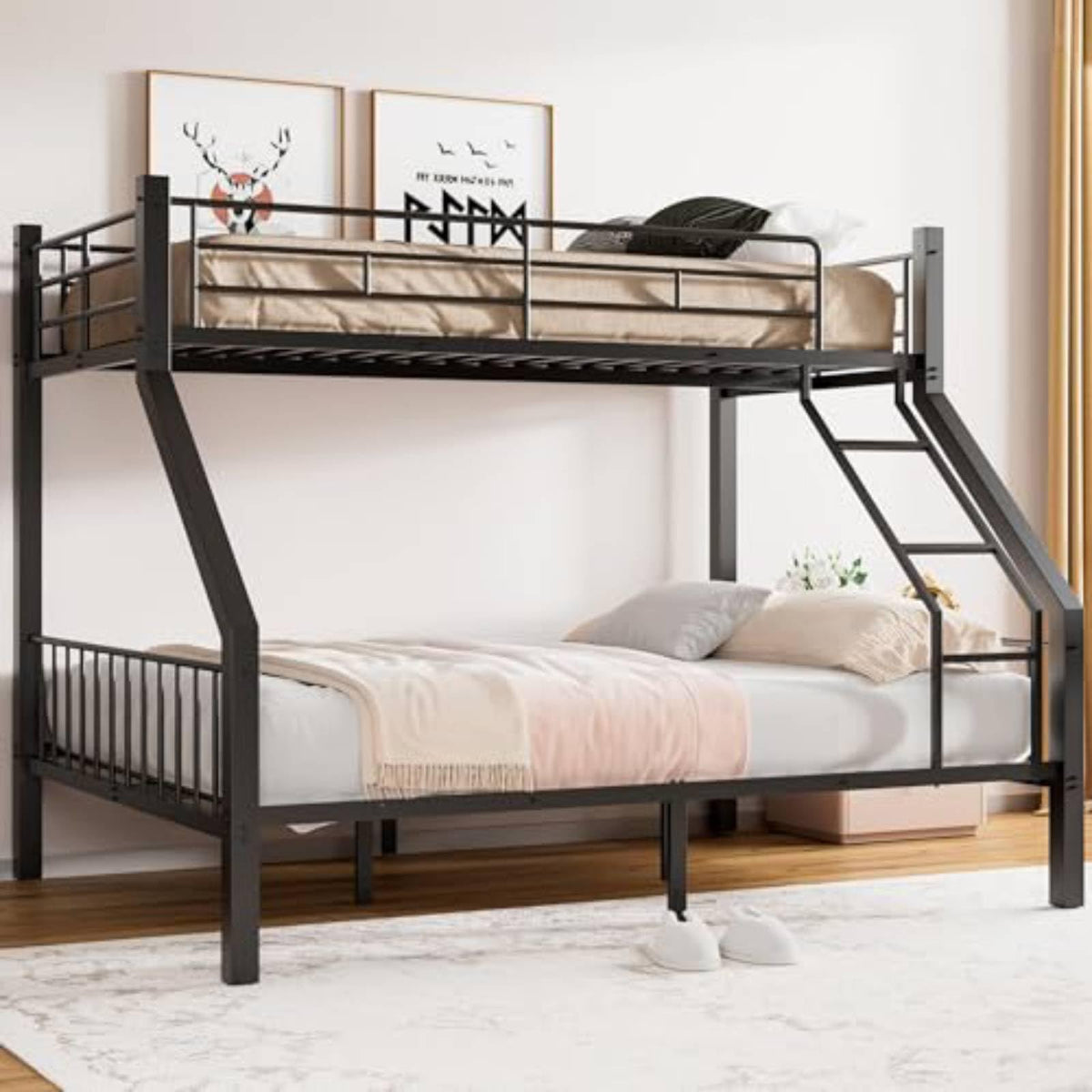 Twin XL Over Queen Bunk Bed with Ladder and Guardrails X94183