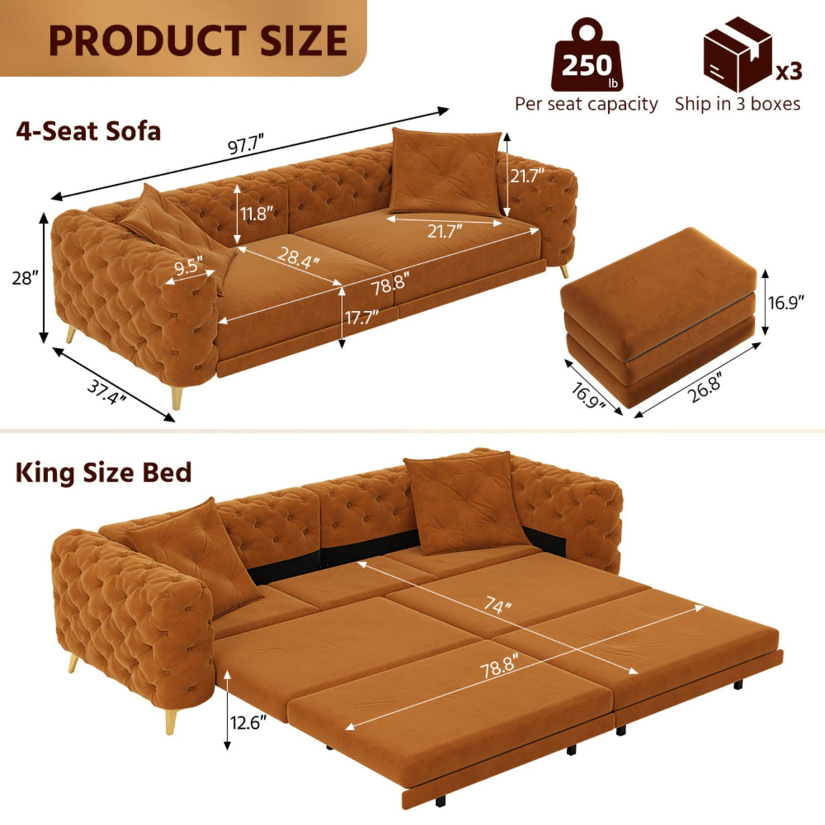 Velvet Convertible Sleeper Sofa with Ottoman L234981