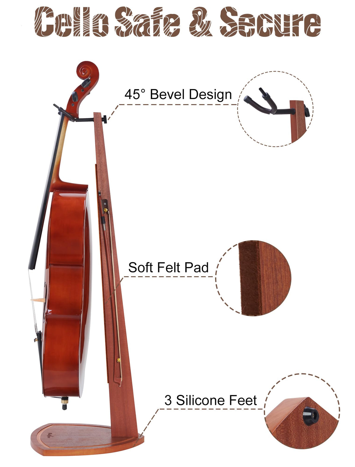 Mahogany Wood Cello Stand with Bow Holder V780