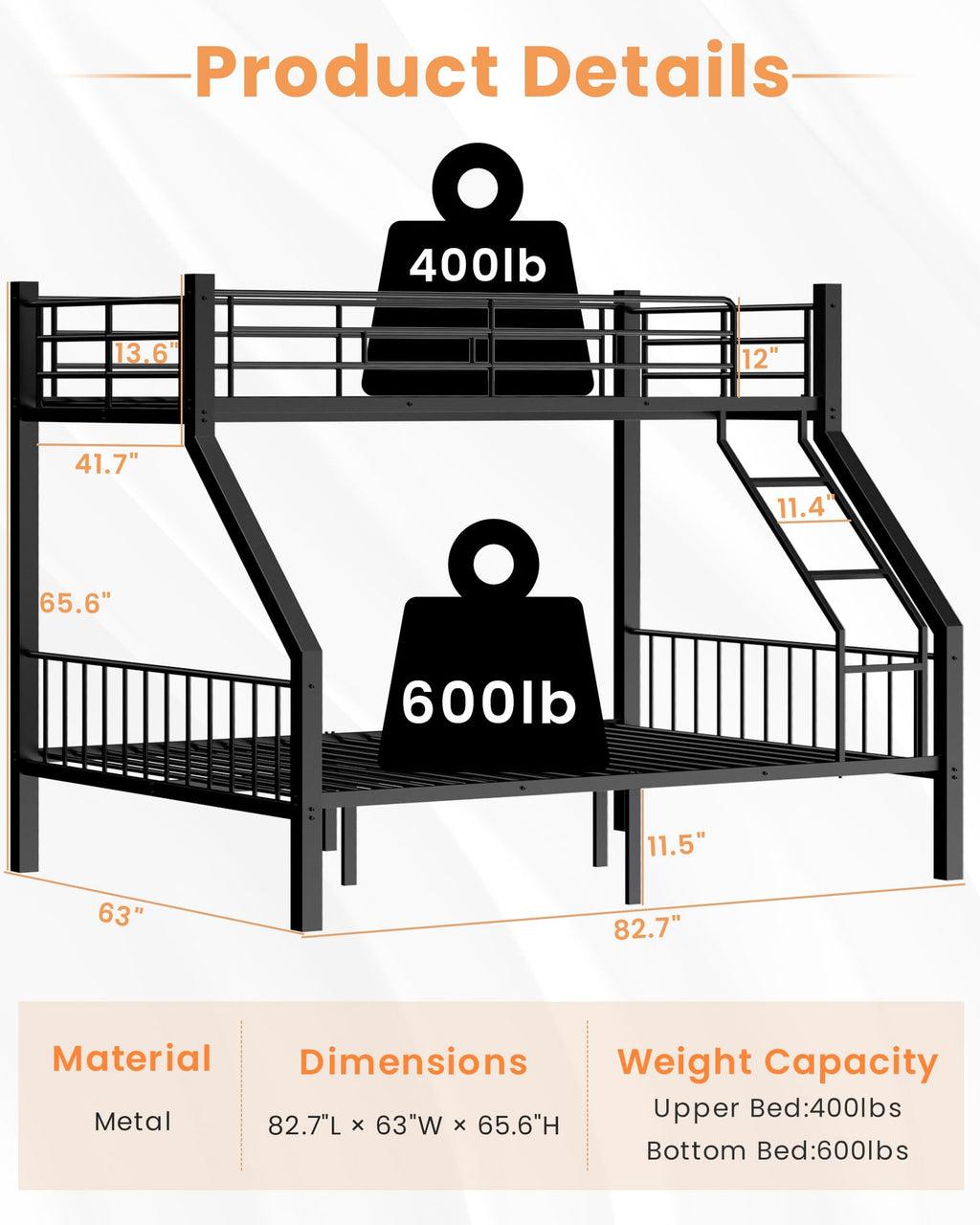 Twin XL Over Queen Bunk Bed with Ladder and Guardrails X94183
