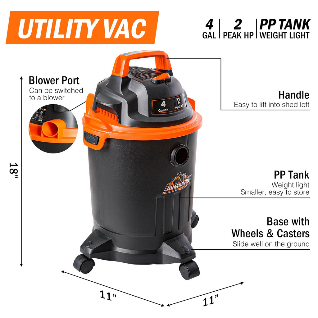 4 Gallon Wet/Dry Vac 2.0 Peak HP Shop Vacuum with Nozzles & Brush J7882