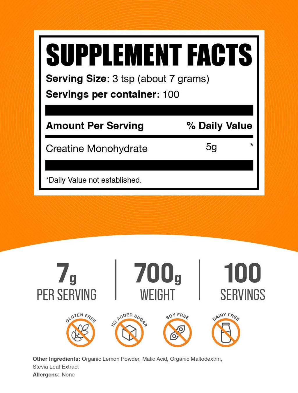 Micronized Creatine Monohydrate Powder, Lemon Italian Ice, 7g per Serving, 700g X10684