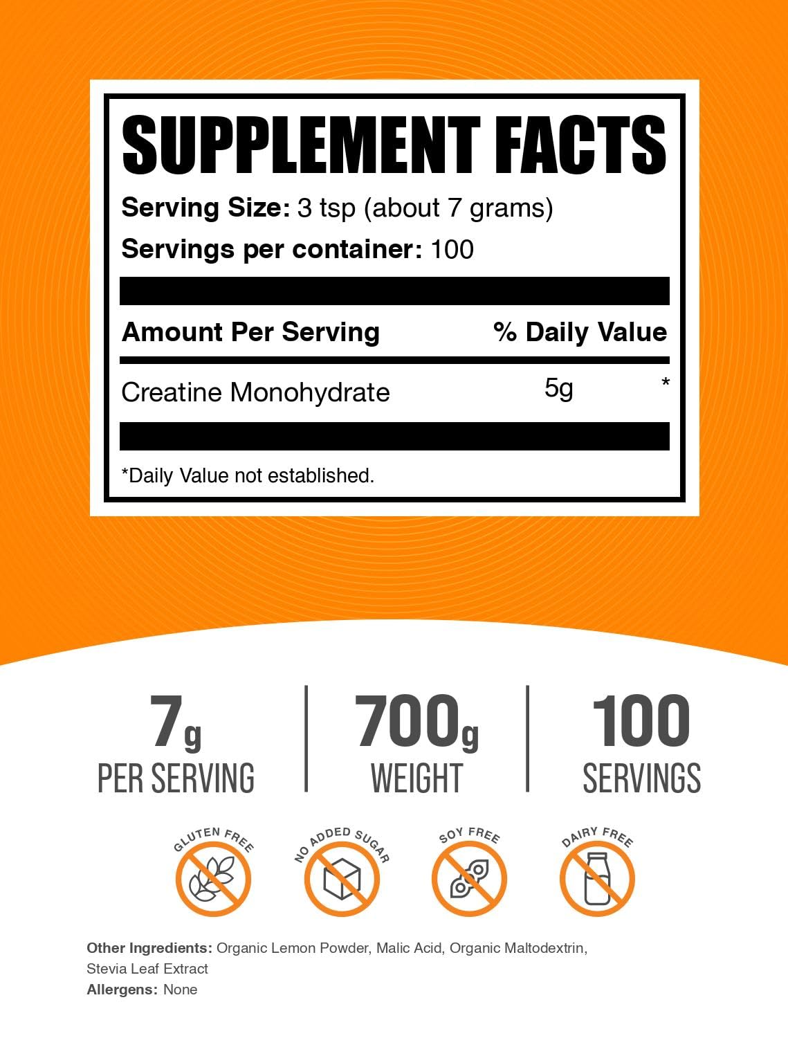 Micronized Creatine Monohydrate Powder, Lemon Italian Ice, 7g per Serving, 700g X10684