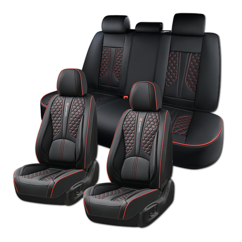 Black and Red Leather Car Seat Cover Set with Lumbar Support L1976