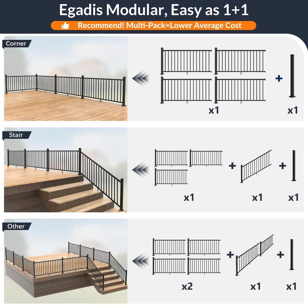 1 Pack 36 in x 6 ft Black Aluminum Stair Railing Kit G891564