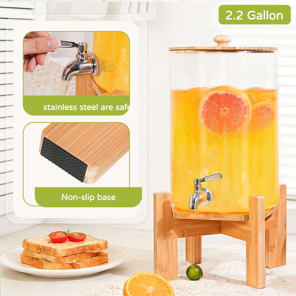 2.2 Gallon Glass Drink Dispenser with Wood Stand J510300