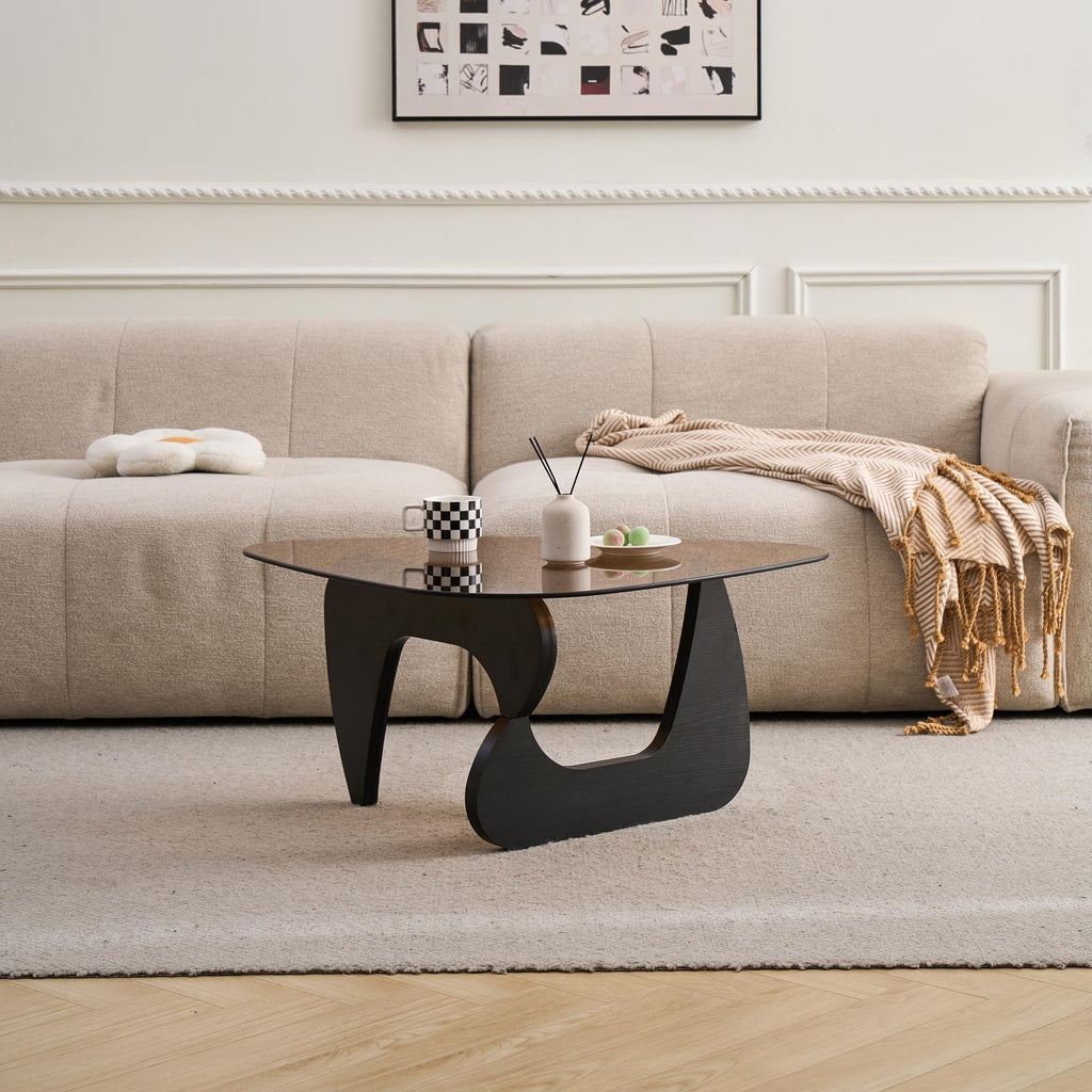 Brown Glass Coffee Table with Wood Base Y73353