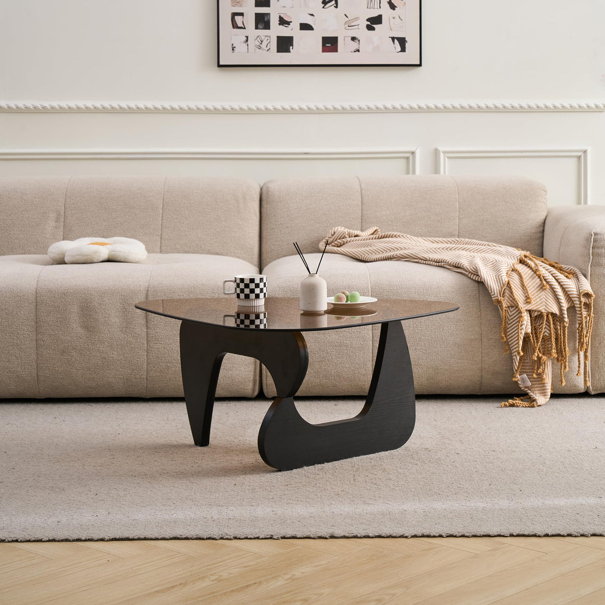 Brown Glass Coffee Table with Wood Base Y73353