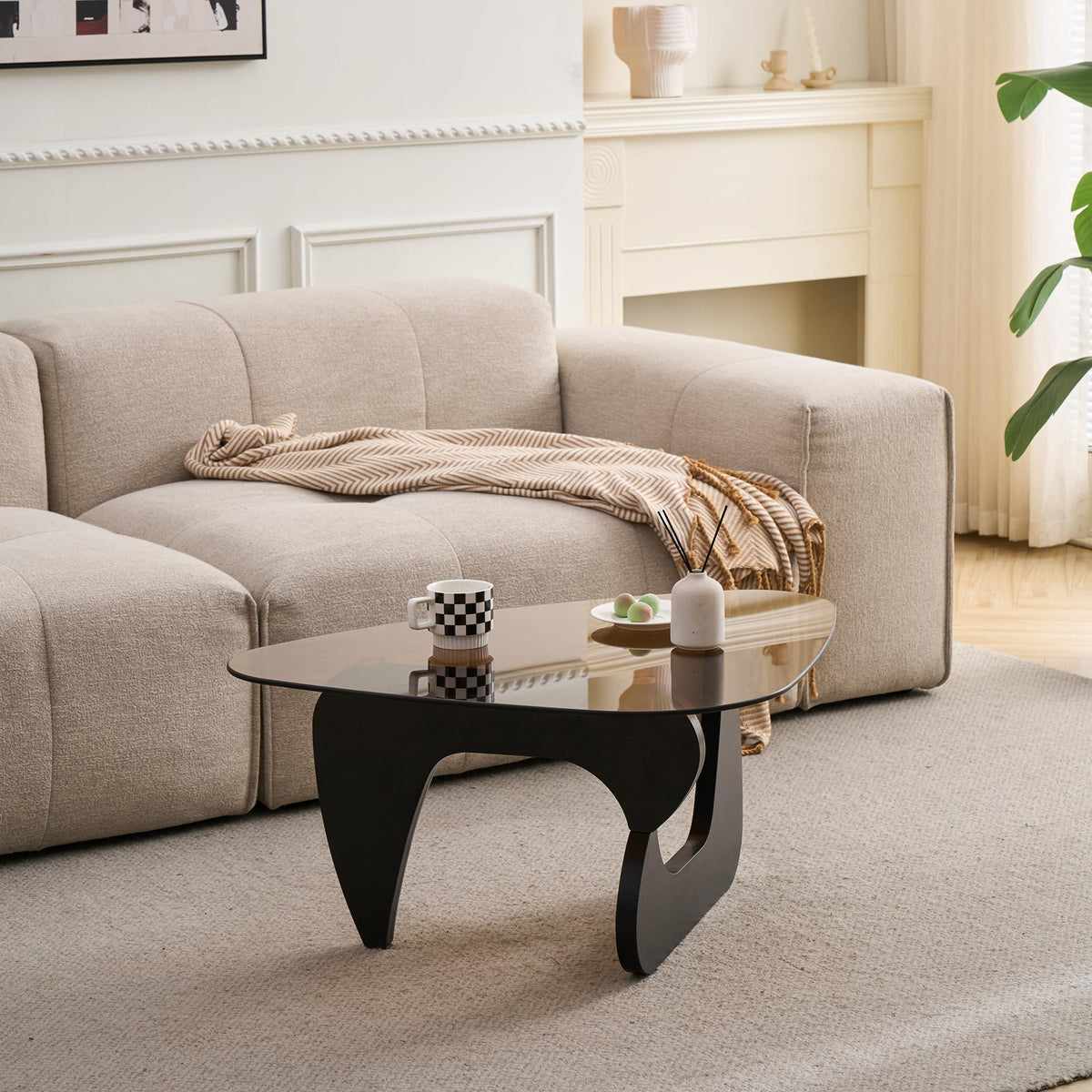 Brown Glass Coffee Table with Wood Base Y73353