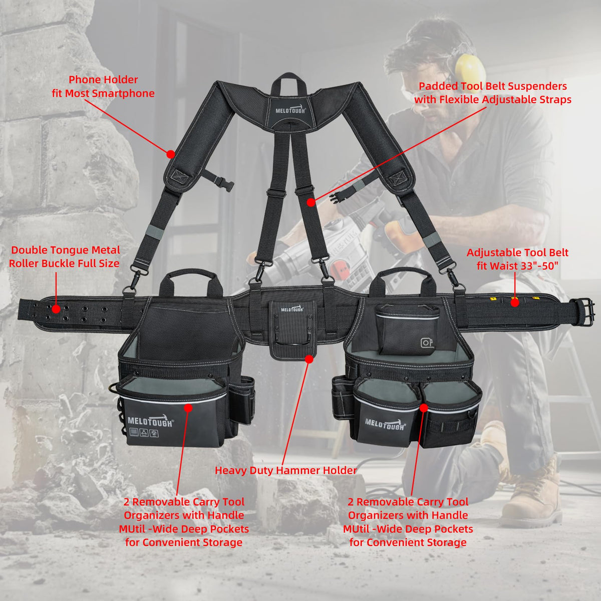 Tool Belt with Suspenders 32 Pockets 34"-48" Waist N734