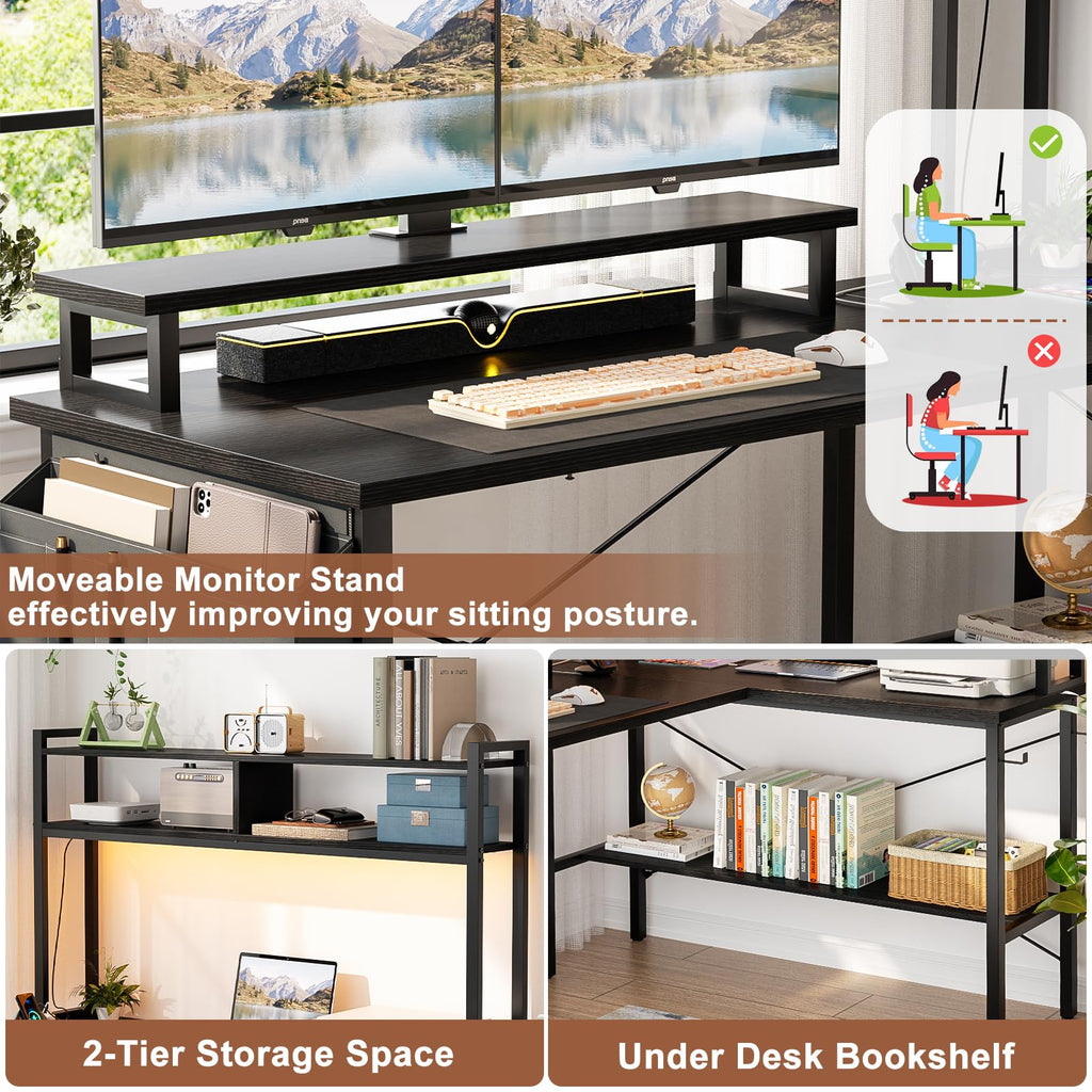 L Shaped Gaming Desk with Power Outlets & LED Lights, Black J916