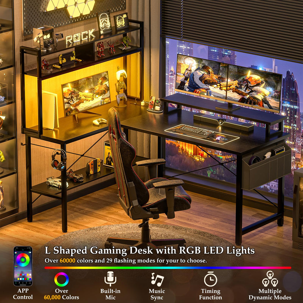 L Shaped Gaming Desk with Power Outlets & LED Lights, Black J916