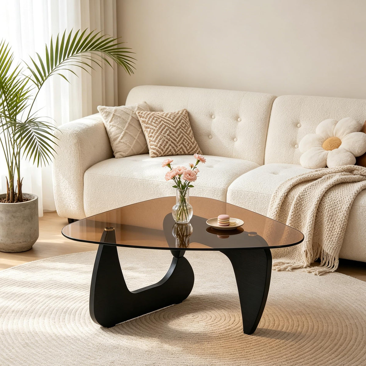 Brown Glass Coffee Table with Wood Base Y73353
