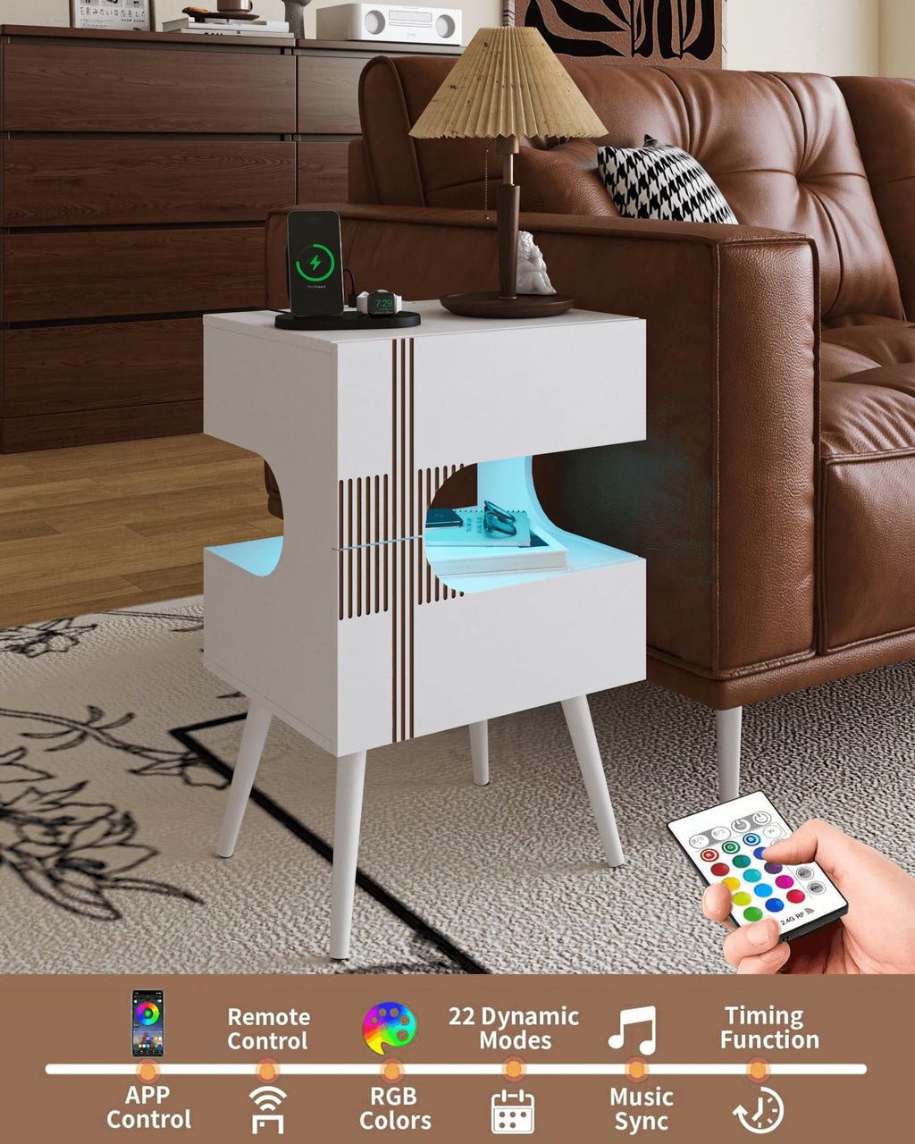 White Nightstand with Charging Station and LED Lights, 2 Storage Drawer P44099