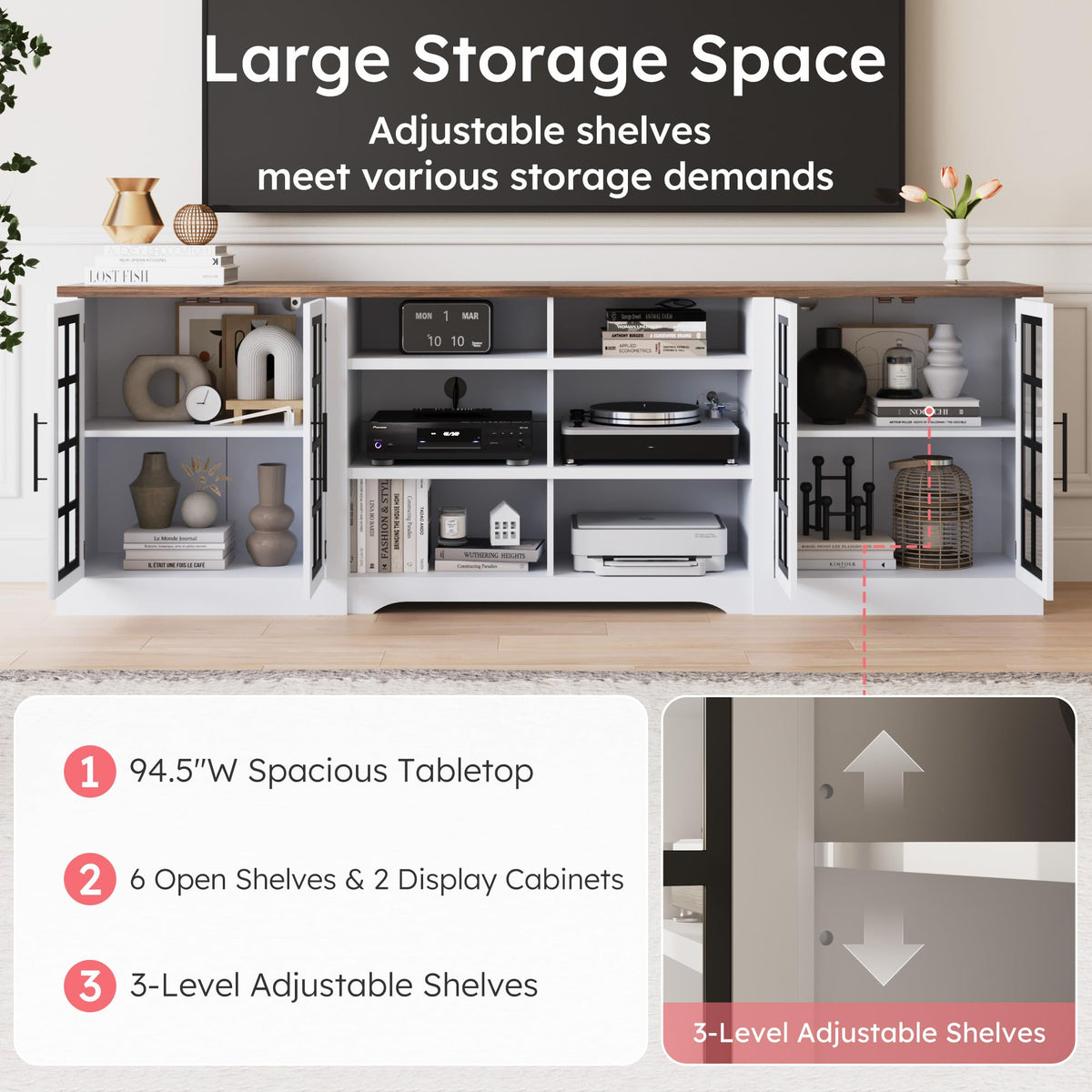 White Black TV Stand with 2 Cabinets and 3-Tier Shelves E837