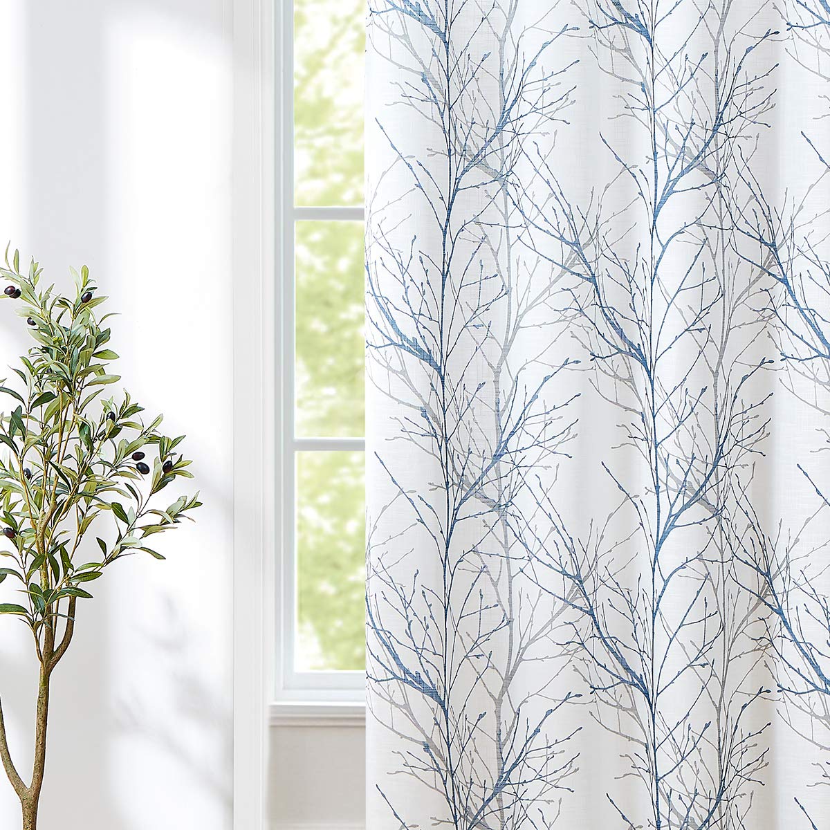 Linen Blue White Semi Sheer Curtains 84 Inch 1 Panel E439880