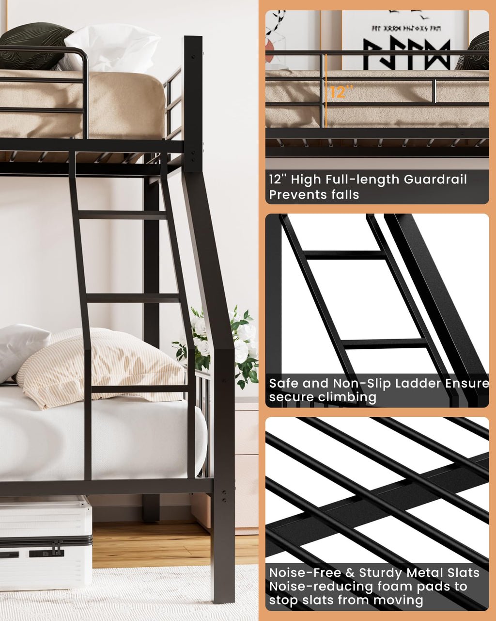 Twin XL Over Queen Bunk Bed with Ladder and Guardrails X94183