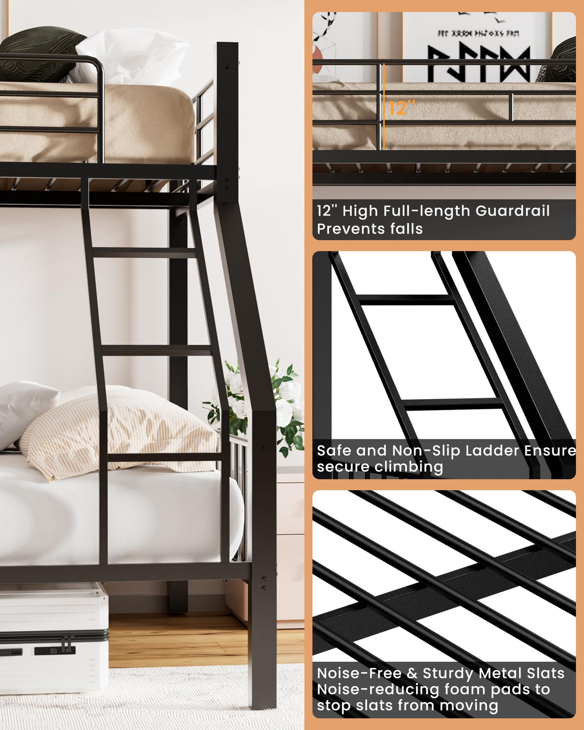 Twin XL Over Queen Bunk Bed with Ladder and Guardrails X94183