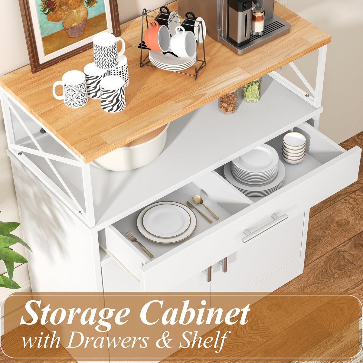 White Kitchen Buffet Cabinet with Adjustable Shelf Y50913