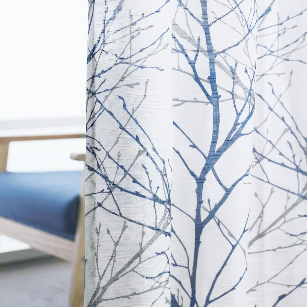 Linen Blue White Semi Sheer Curtains 84 Inch 1 Panel E439880