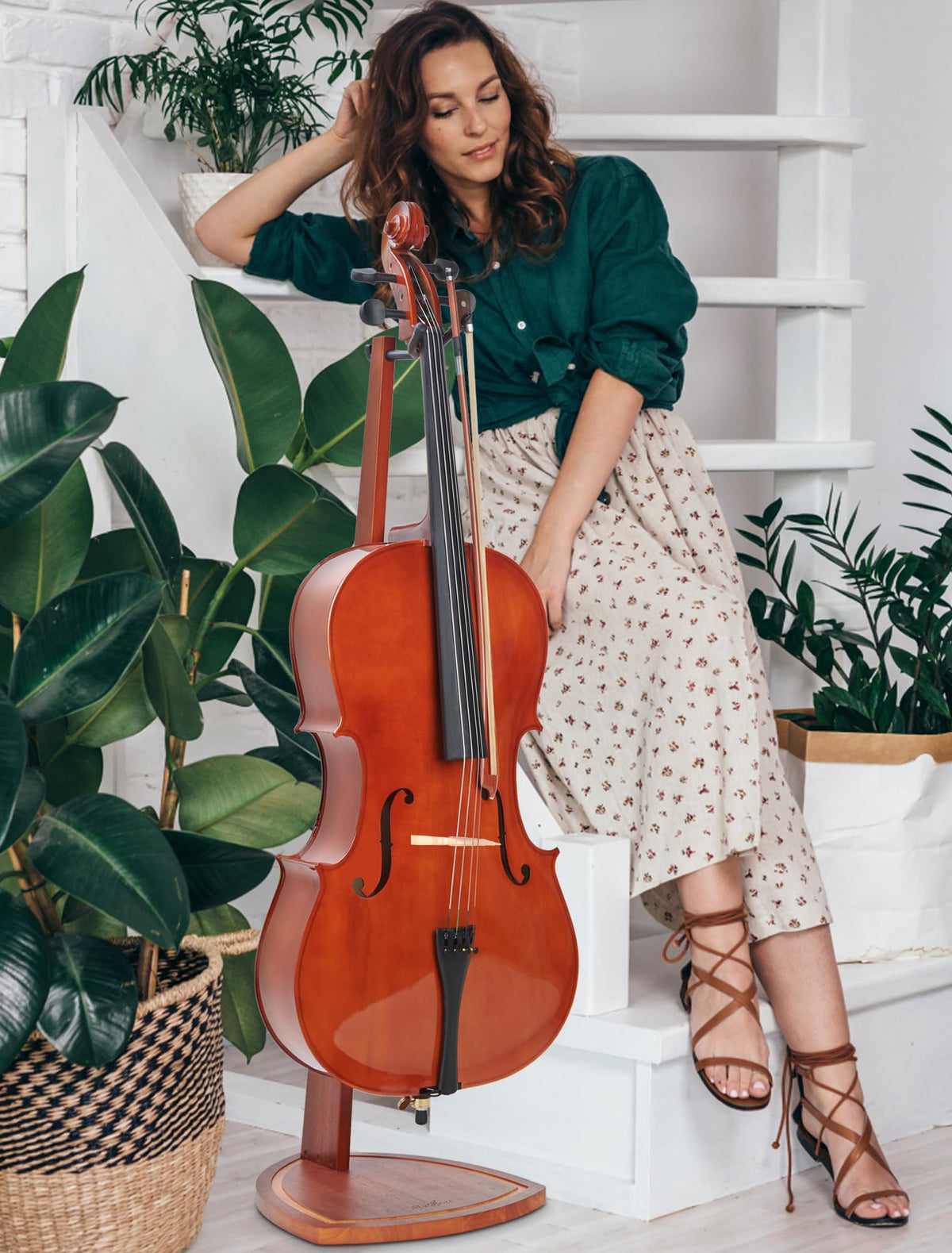 Mahogany Wood Cello Stand with Bow Holder V780