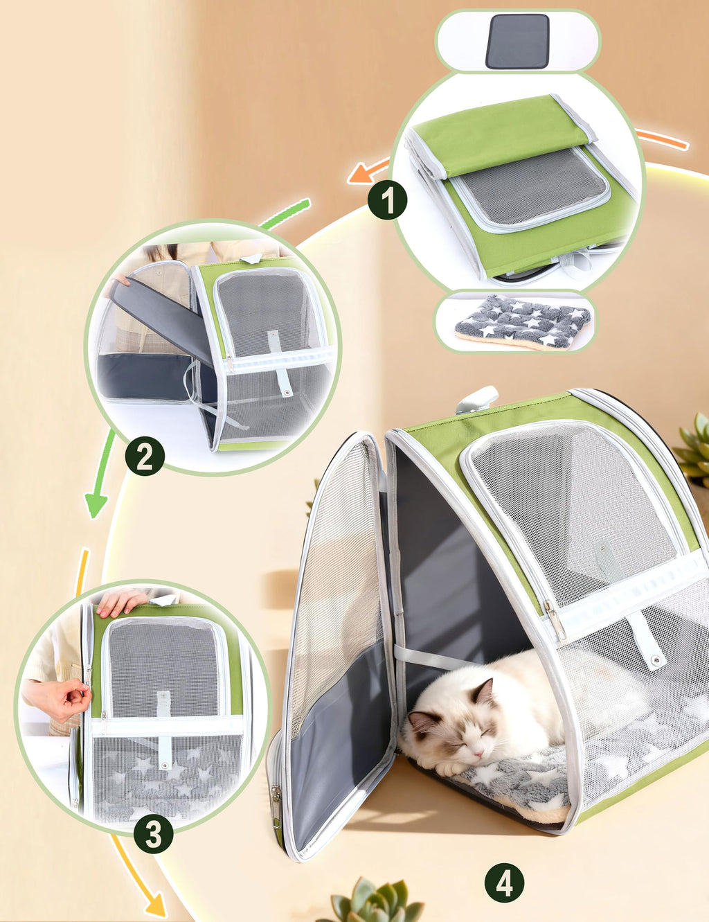 Cat Backpack Carrier with Washable Bed Mat Green L133805