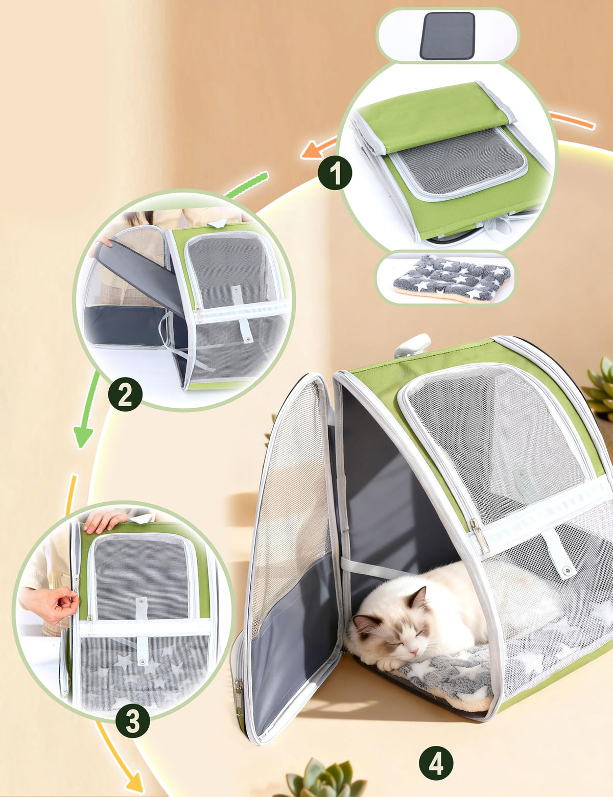 Cat Backpack Carrier with Washable Bed Mat Green L133805