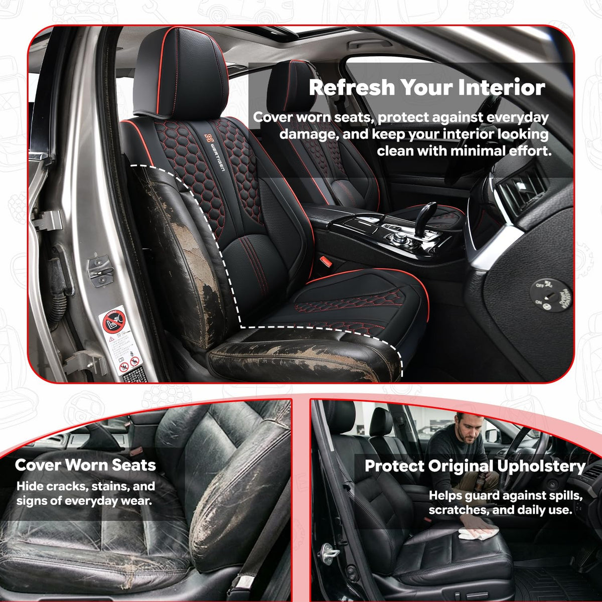 Black and Red Leather Car Seat Cover Set with Lumbar Support L1976