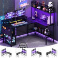 L Shaped Gaming Desk with Power Outlets & LED Lights, Black J916