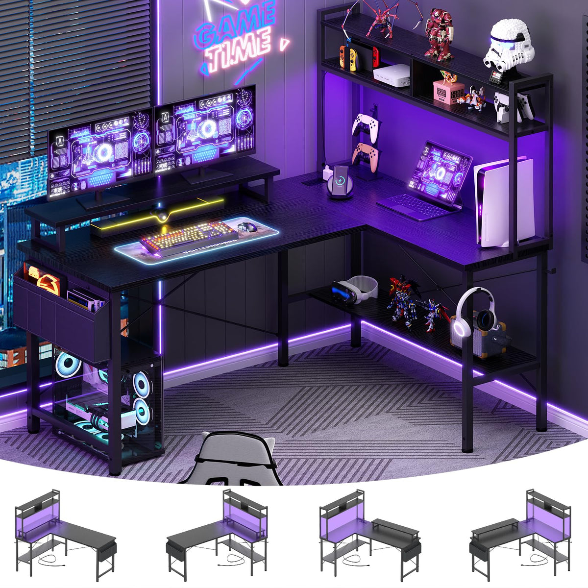 L Shaped Gaming Desk with Power Outlets & LED Lights, Black J916