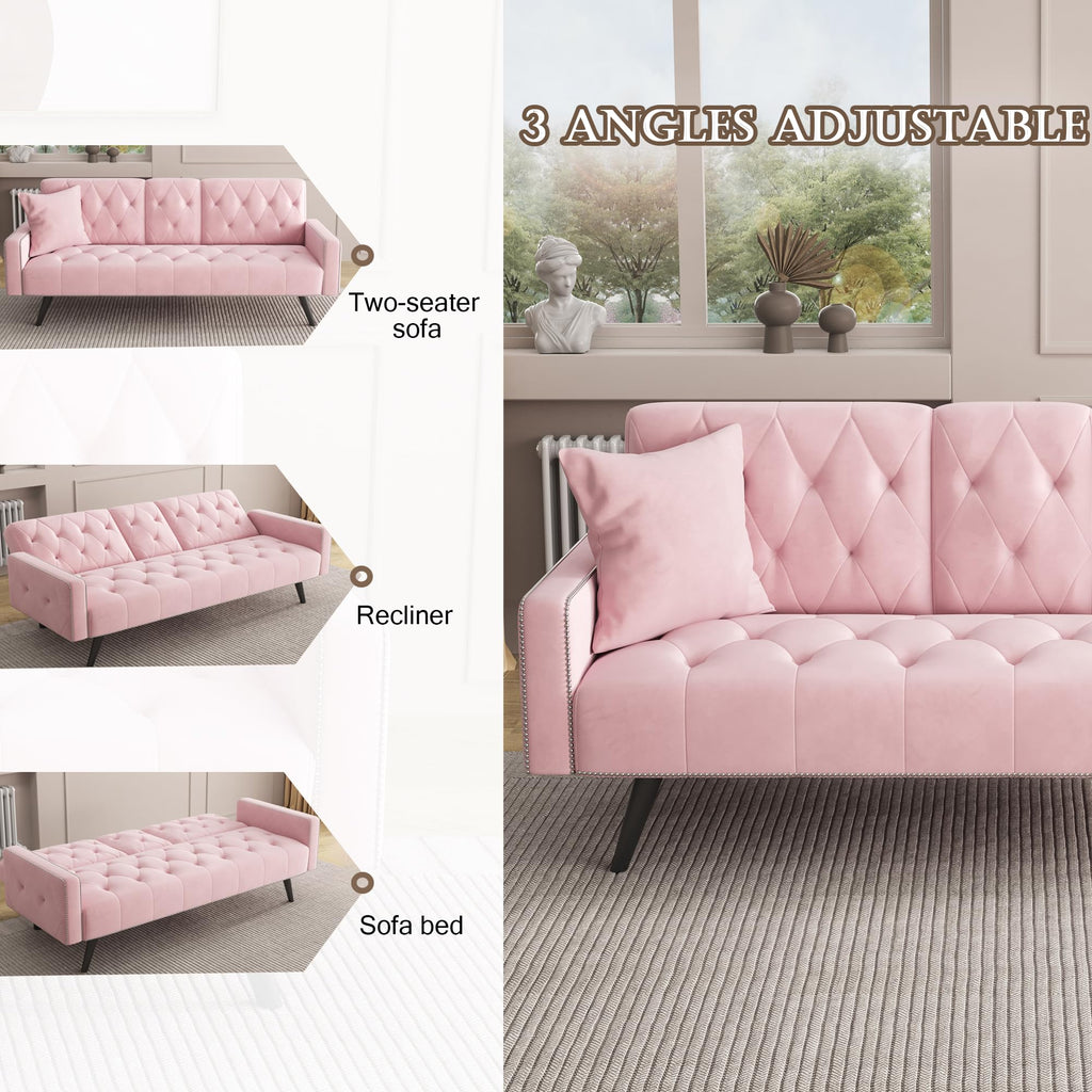 Pink Velvet Convertible Sofa Bed with Cup Holders N639111
