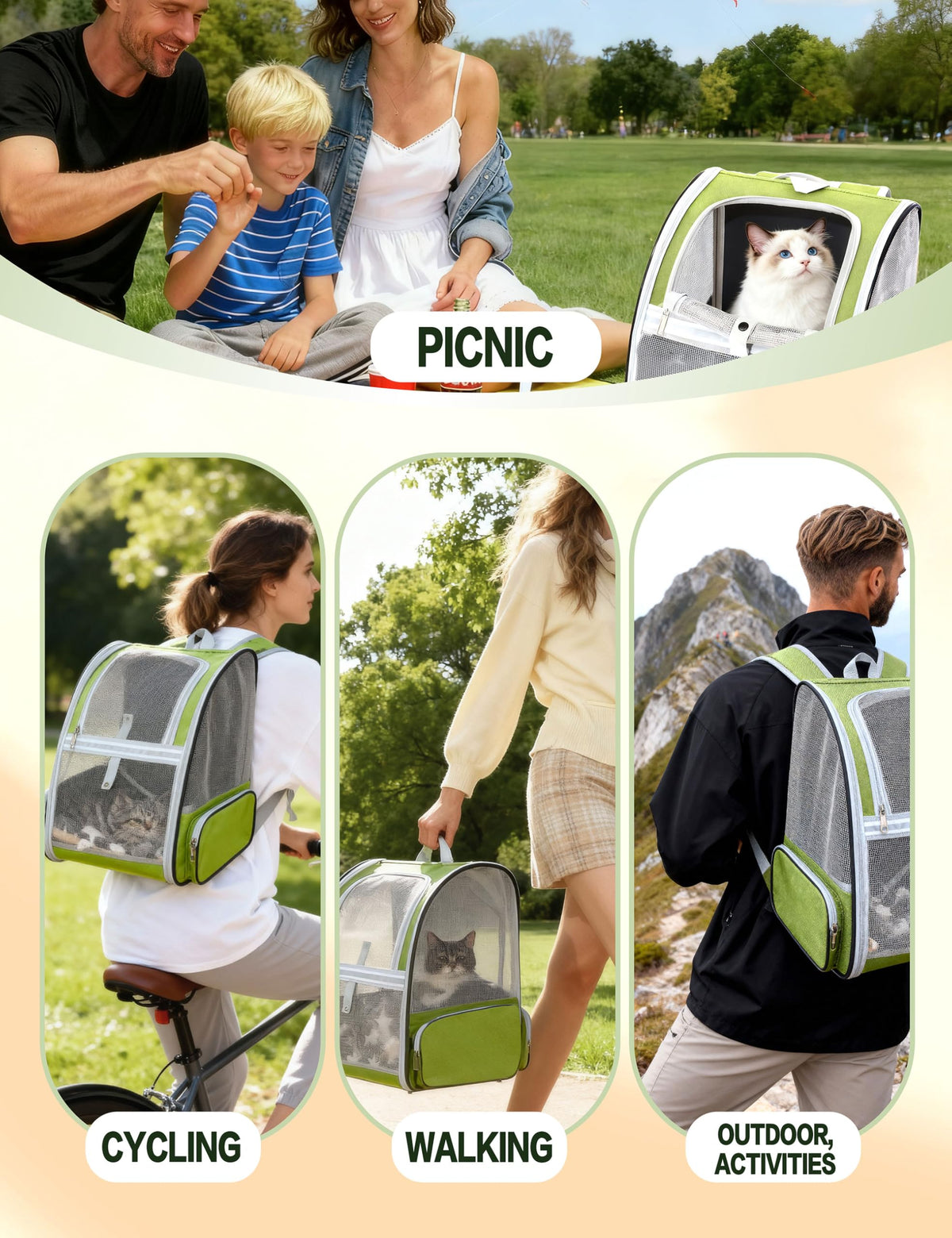 Cat Backpack Carrier with Washable Bed Mat Green L133805