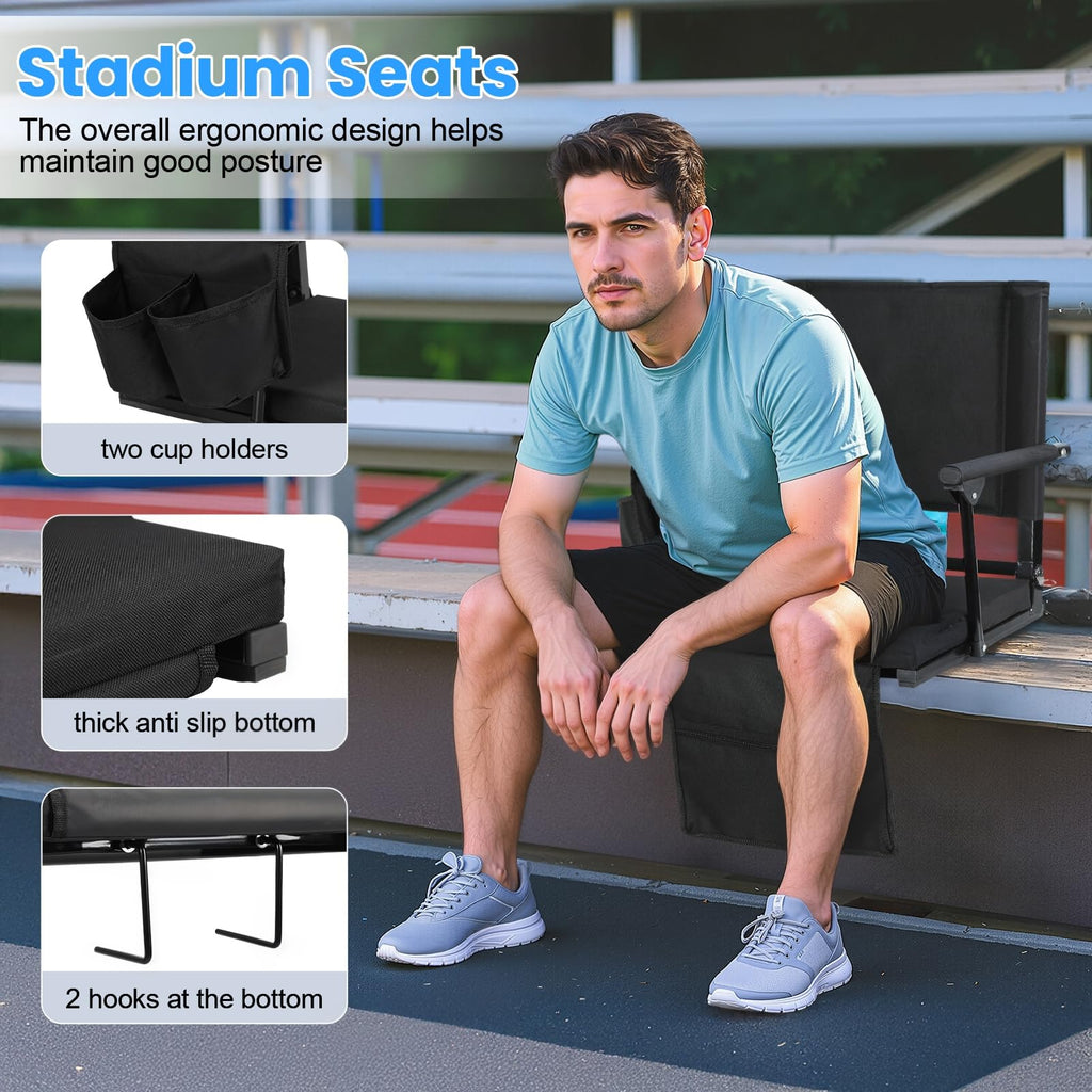2 Pcs Folding Stadium Seat with Back Support and Cup Holder Black P71389