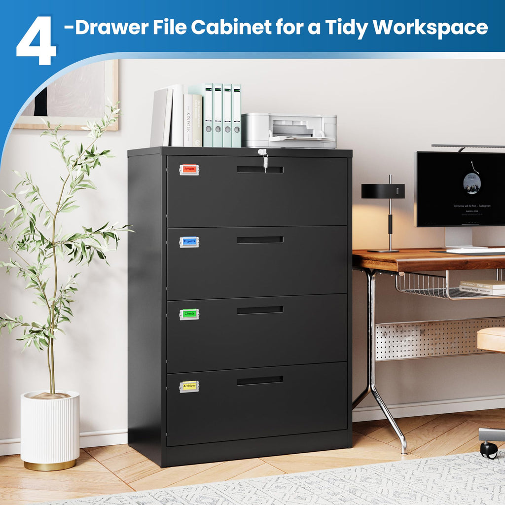 4 Drawer File Cabinet with Lock, Black N524
