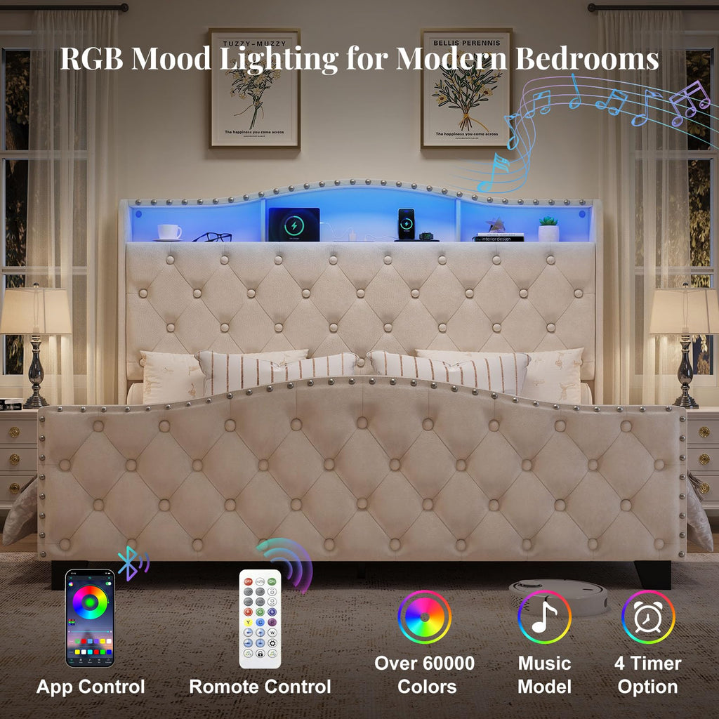 Queen Beige Platform Bed Frame with LED Headboard W63515