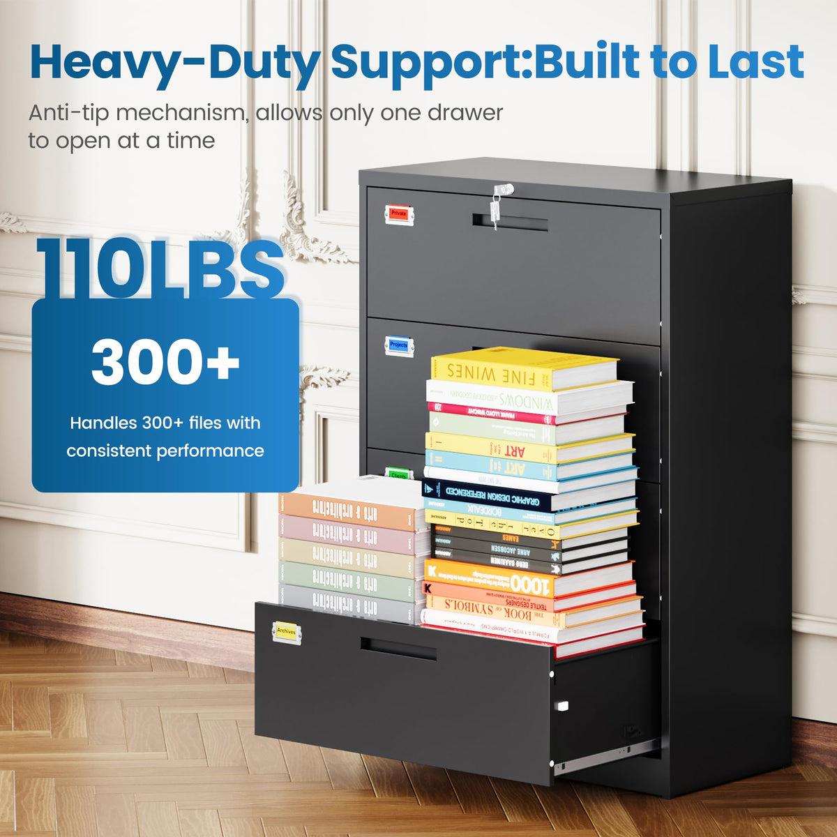 4 Drawer File Cabinet with Lock, Black N524