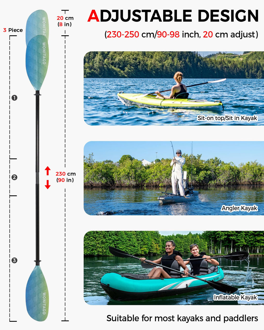 Adjustable Fiberglass Shaft Nylon Blade Kayak Paddle Q49206