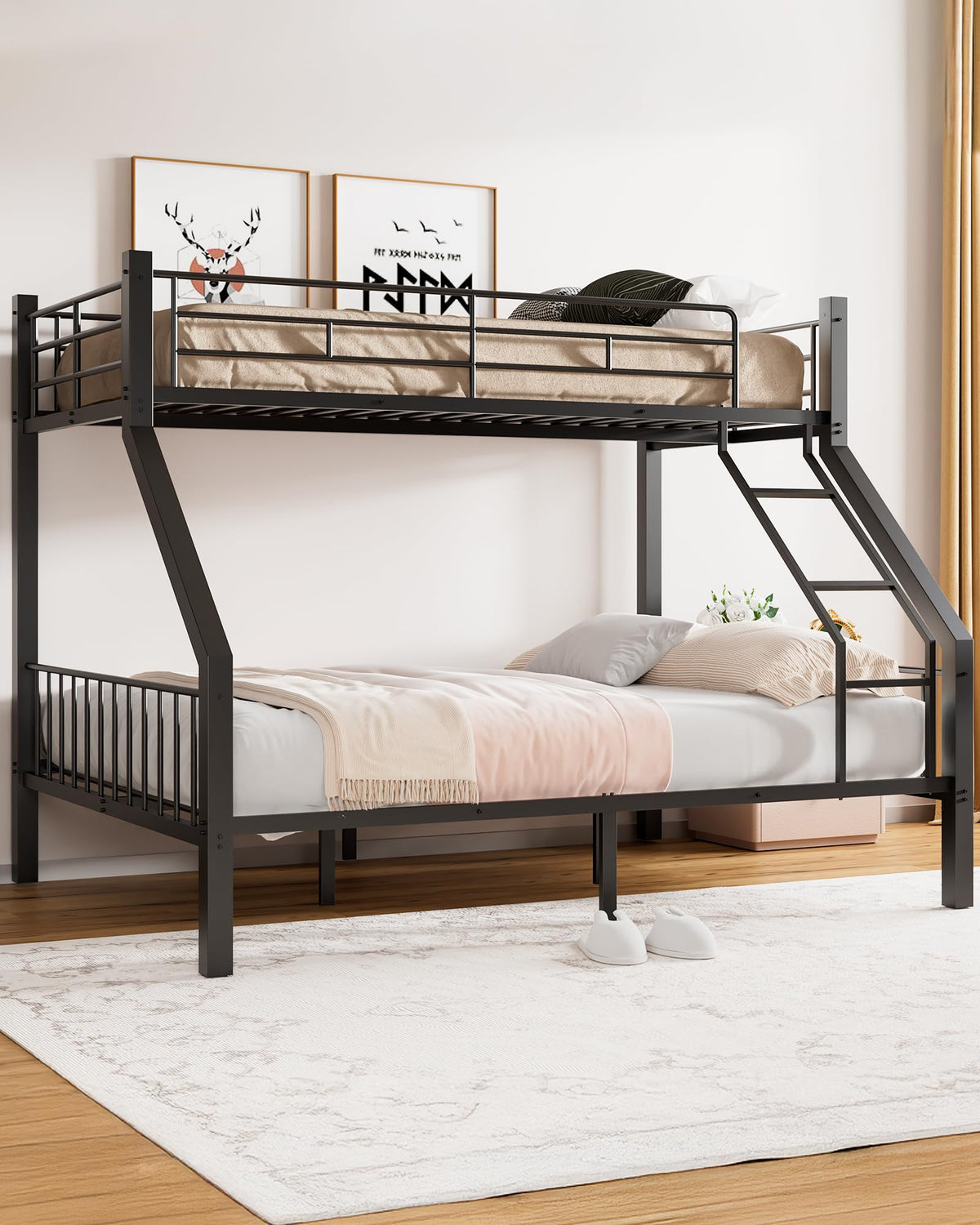 Twin XL Over Queen Bunk Bed with Ladder and Guardrails X94183