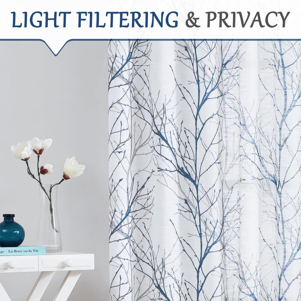 Linen Blue White Semi Sheer Curtains 84 Inch 1 Panel E439880